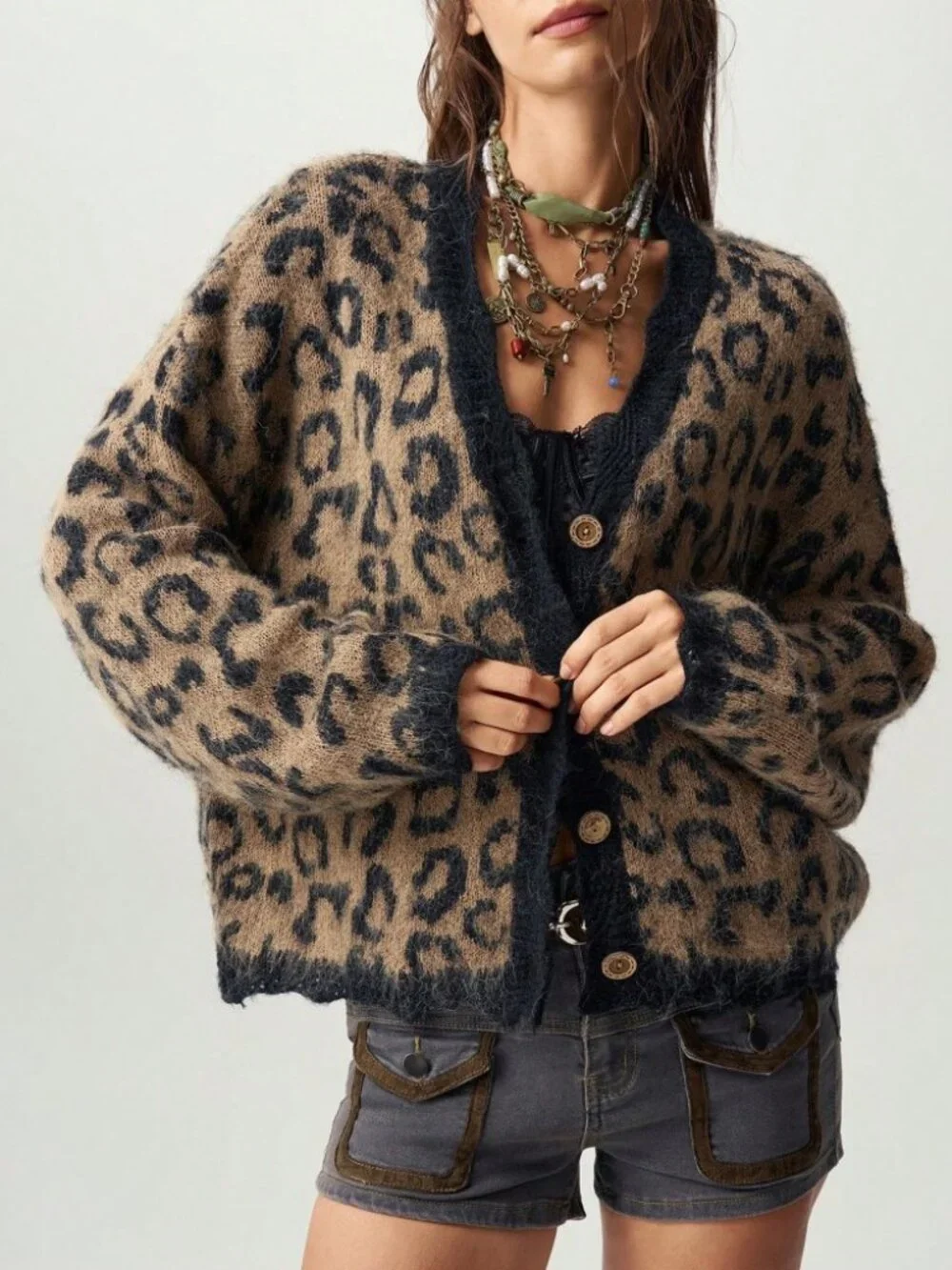 Tan & Black Leopard Print Cardigan, Oversized Knit
